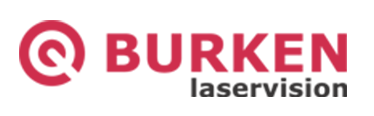 Logo der Firma Burken laservision mit einem roten stilisierten „Q“-Symbol links und dem Schriftzug „BURKEN laservision“ in Rot und Schwarz.