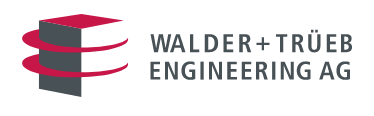 Logo of Walder + Trüeb Engineering AG featuring a stylized dark gray column with surrounding red rings on the left and the company name in uppercase letters on the right.