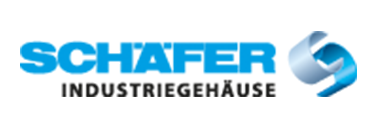 Logo der Firma SCHÄFER Industriegehäuse mit blauem Schriftzug „SCHÄFER“, schwarzem Untertitel „INDUSTRIEGEHÄUSE“ und einem stilisierten, metallisch-blauen 3D-Element rechts.