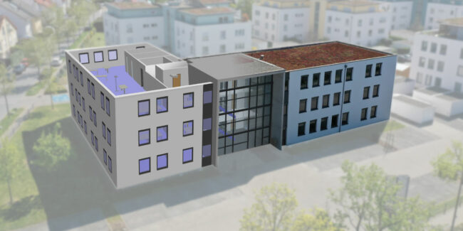 3D model of a modern office building with a partially visible interior and glass entrance façade.