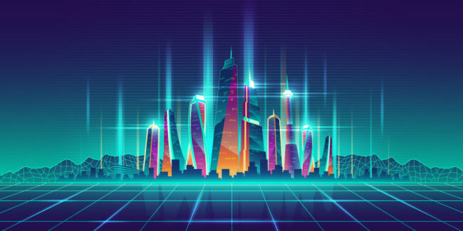 Futuristic illustration of a digital city with glowing neon-colored skyscrapers. The ground features a digital grid creating depth. Stylized mountains and horizontal scan lines appear in the background