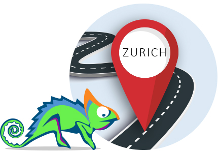 speedikon_Roadshow_2025_Bild_eng Depiction of Charly the chameleon. Light blue circle containing a curved road and a red location symbol indicating Zurich.