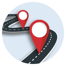 Light blue circle with a gray curved road on which two red location symbols are placed. All in a graphic style.