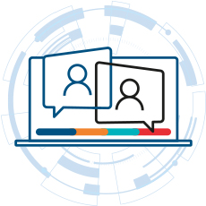 Graphic minimalist laptop with two speech bubbles inside. Line-style person icons. Below, a split bar in blue, orange, turquoise, and red. Technical circle in the background.