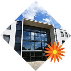 speedikon company building in a diamond shape with a graphic orange flower on the lower right side.