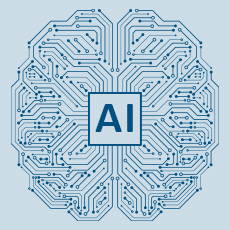 Blue digital line brain on a light blue background. Centered within it in a rectangle is the lettering: AI.