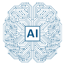 Blue digital line brain on a white background. Centered within it in a rectangle is the lettering: AI.