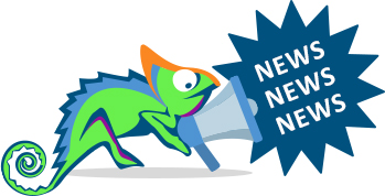 Charly_News Charly das Chamäleon mit Megaphone. Das ankündigt in einer Stern-Sprechbase: NEWS, NEWS, NEWS.