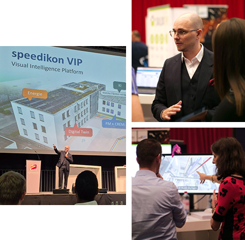 speedikon_CAFM_Messe_Bildercollage_03 Bilder-Collage der CAFM-Messe 2025. Marcel Richter auf der Bühne und im Gespräch. Alexandra Merkel im Gespräch.