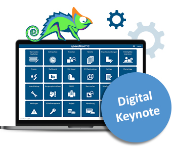 Charly is sitting at a laptop with the speedikon® C software. Distractions: Digital keynote and gears in the background.