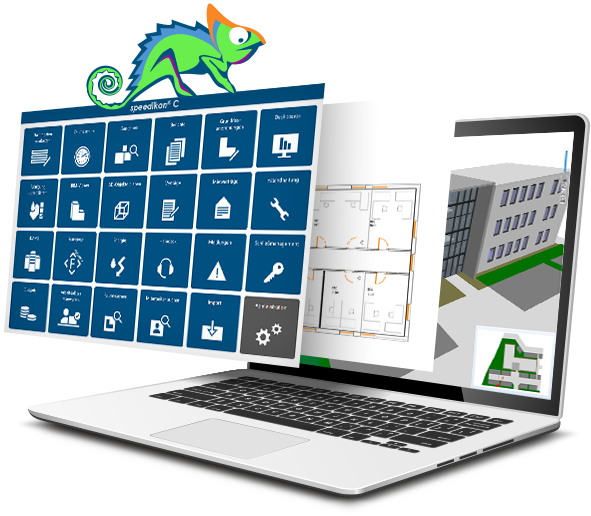 Charly das Chamäleon sitzt auf dem Screenshot der speedikon C-Plattform mit Tiles, Gebäudegrundriss und 3D-Modell auf einem Laptop.