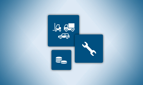 Drei Tiles der speedikon C-Plattform für Fuhrparkmanagement, Budgets und Instandhaltung.