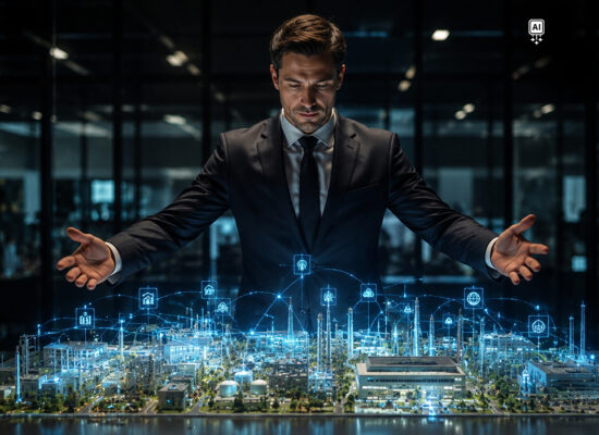 Man in a suit above a connected industrial facility with digital icons representing intelligent building connectivity. AI-generated image.